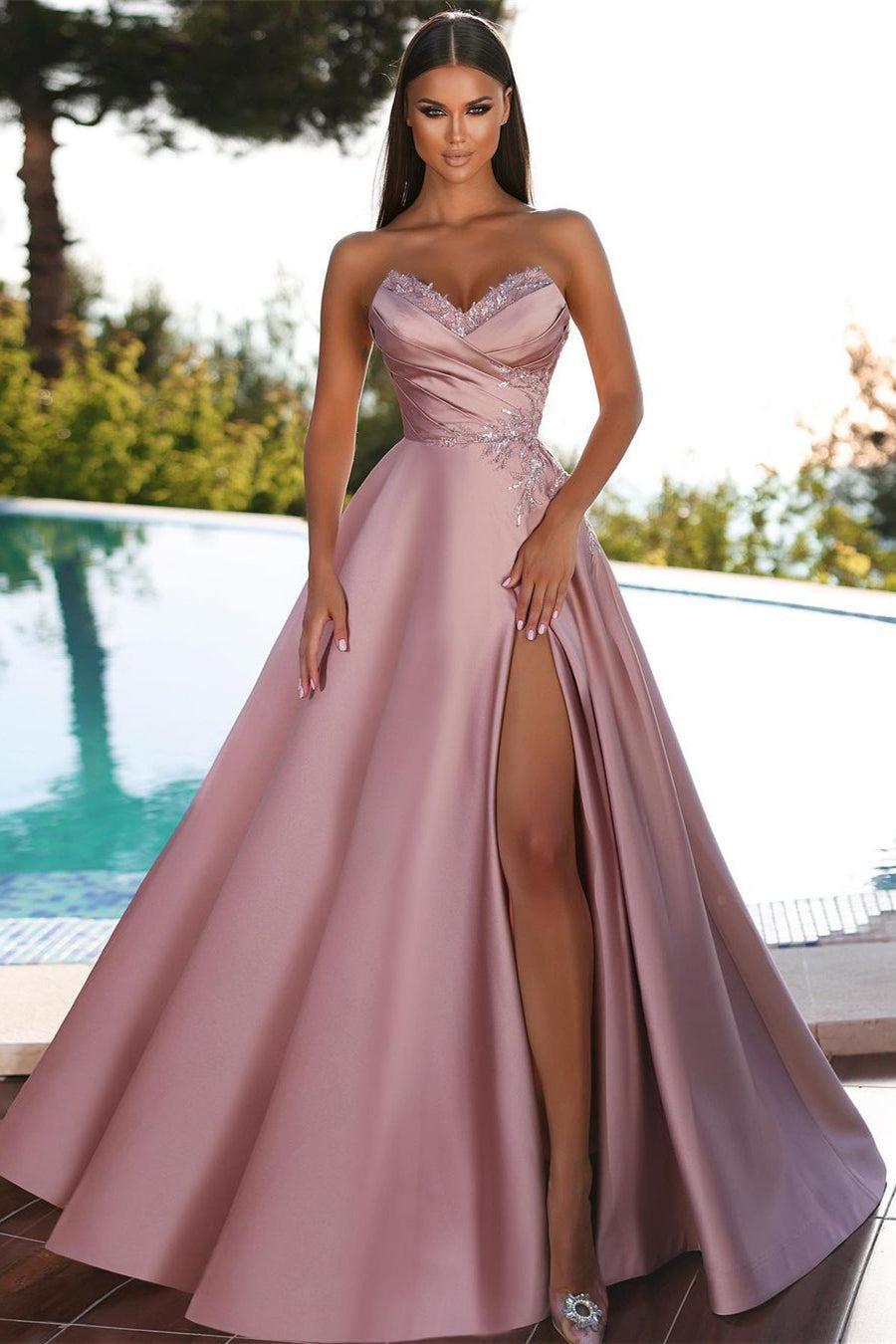Fabulous Dusty Rose Sweetheart Sleeveless Split Evening Dresses With Glitter
