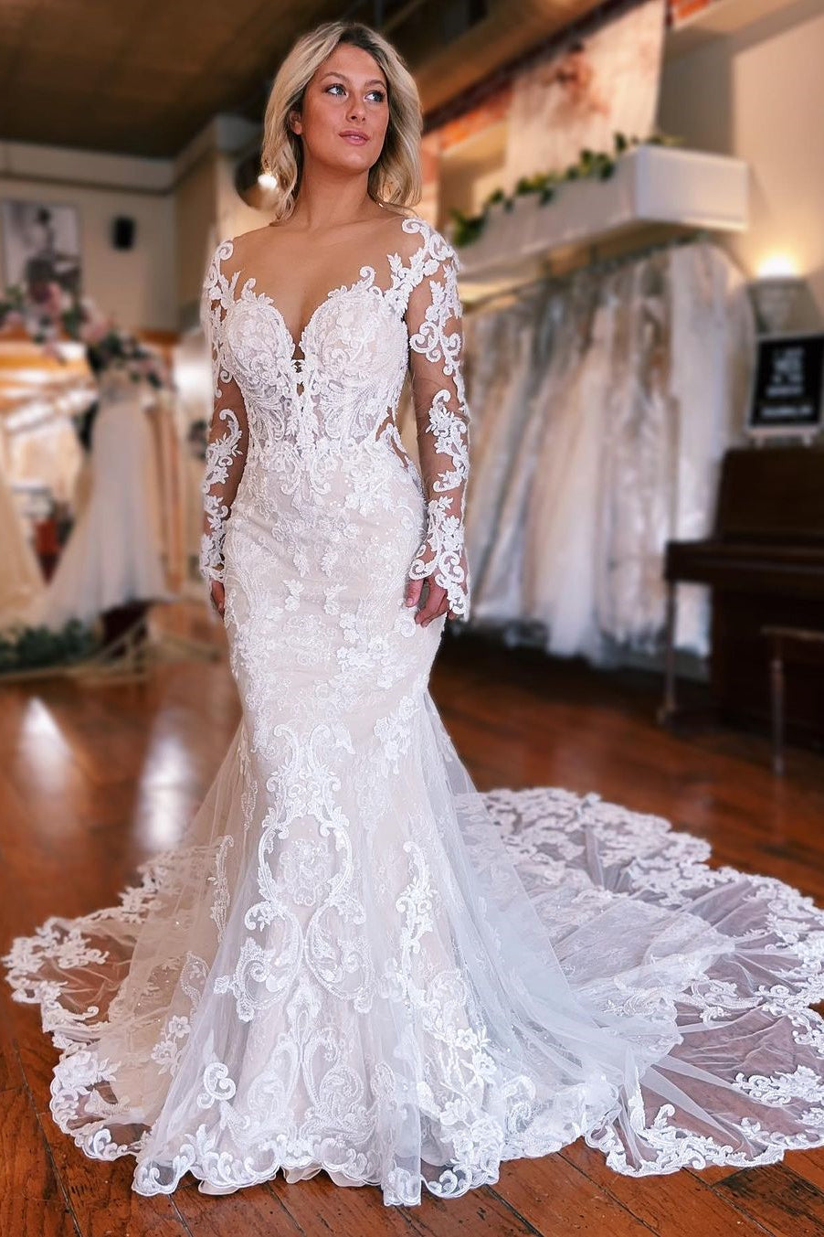 Fabulous Long Mermaid Backless V-neck Lace Wedding Gown With Detachable Train (ZD17492)