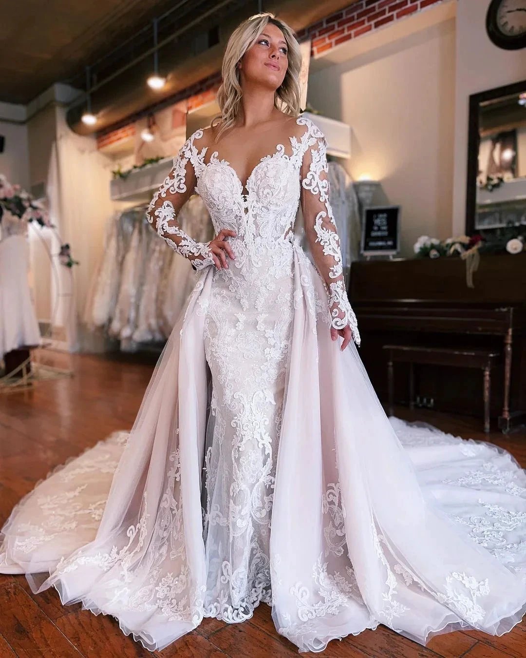 Fabulous Long Mermaid Backless V-neck Lace Wedding Dress With Detachable Train (ZD15692)