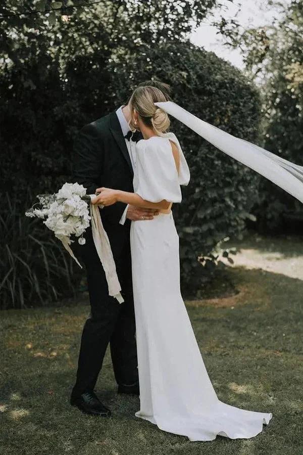 Fairy A Line V Neck Elastic Satin Modest Wedding Dress (ZD16068)