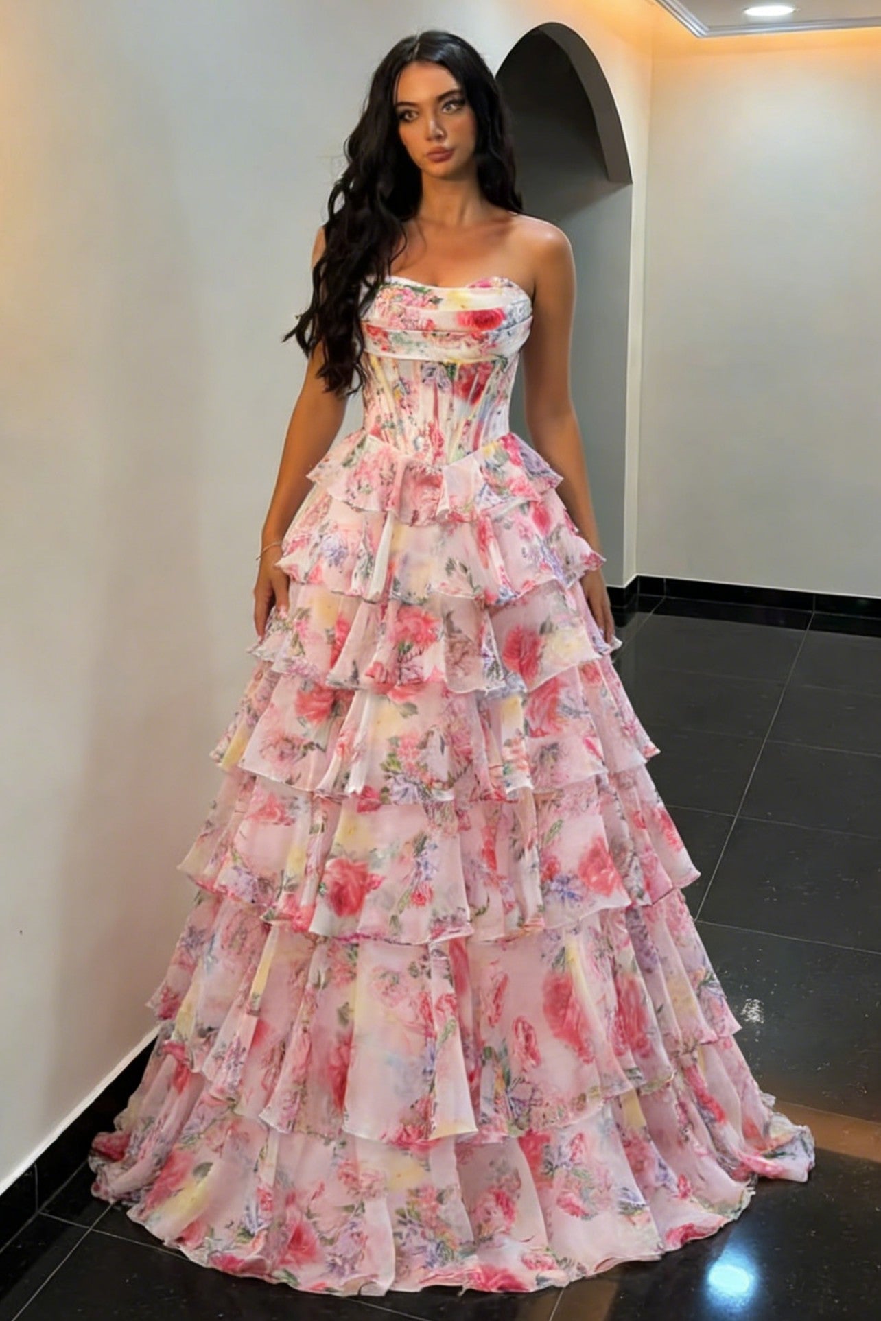 Princess A Line Strapless Pink Floral Prom Dress with Corset Bodice and Ruffle Skirt