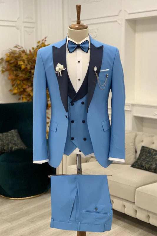 Fancy Blue Peaked Lapel 3 Piece Close Fitting Prom Suit