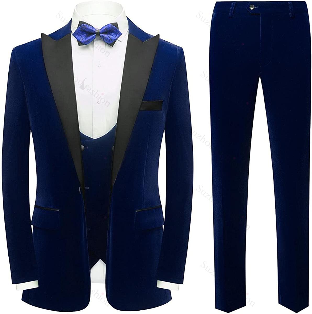 Fancy Navy Blue 3 Piece Velvet Men's Prom Suit