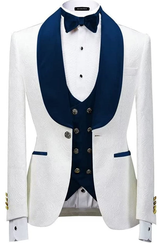 Fancy Navy Blue Shawl Lapel 3 Piece Jacquard Wedding Suit