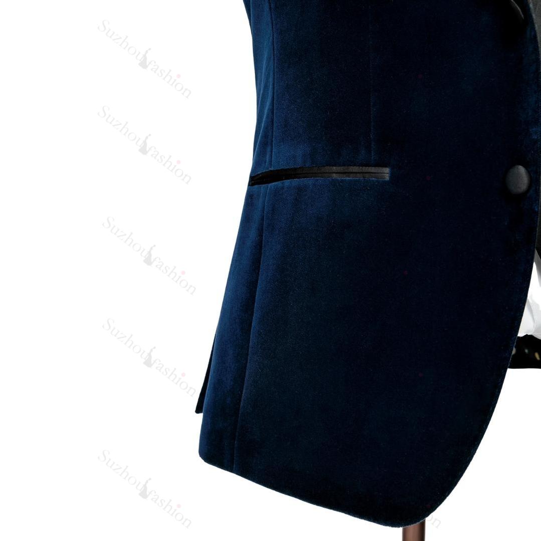 Fancy Navy Blue Shawl Lapel 3 Piece Velvet Wedding Suit