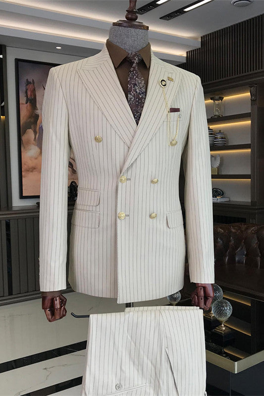 Fancy White Striped Peaked Lapel 2 Piece Prom Suit for Men