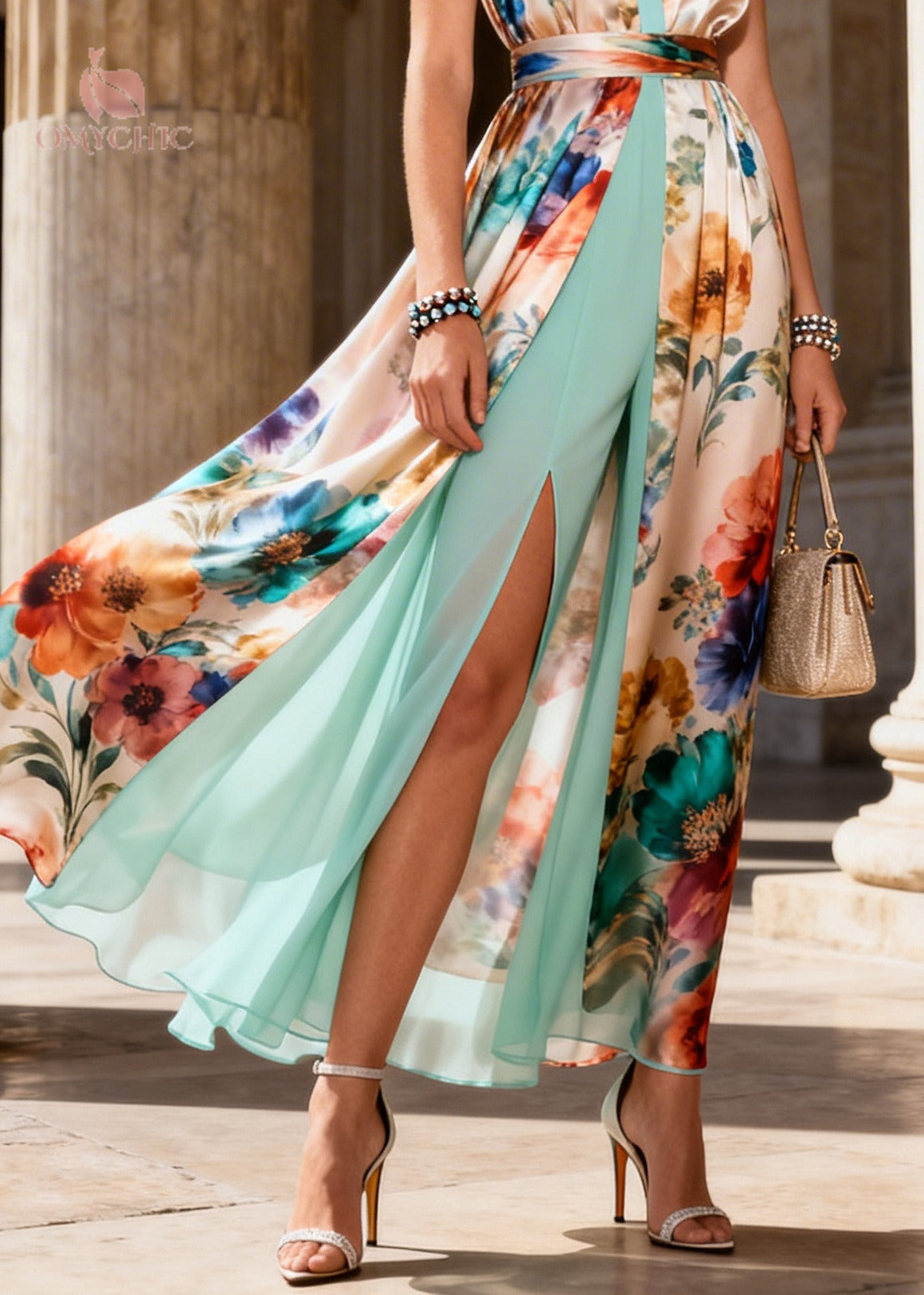 Fashion Beige Print Side Open Chiffon Fake Two Piece Long Dress Sleeveless