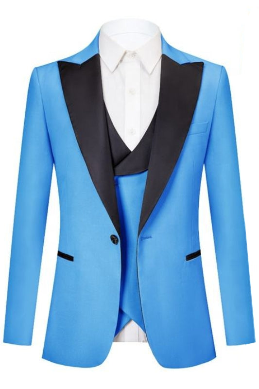 Fashion Blue Peaked Lapel 3 Piece Prom Suit
