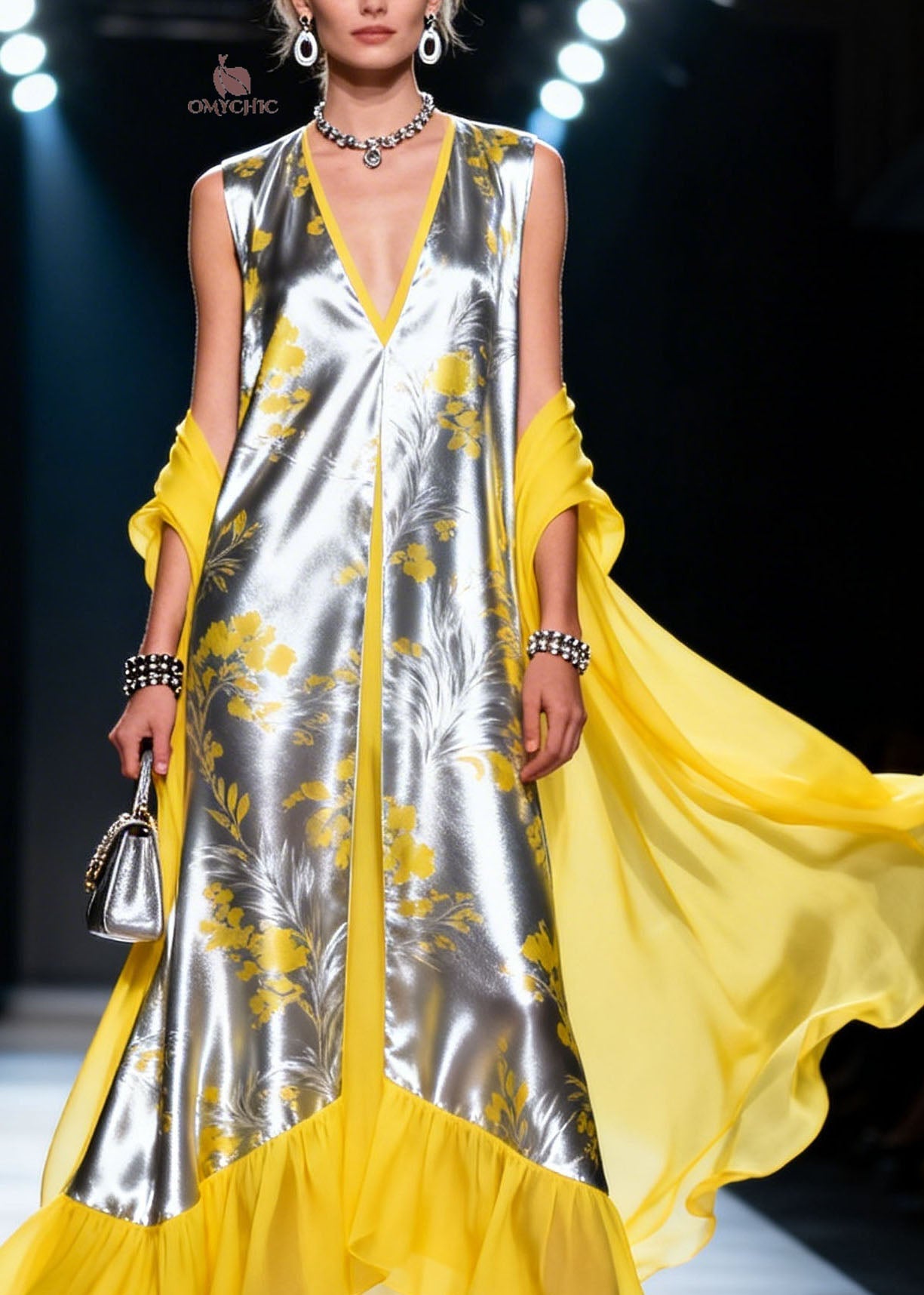 Fashion Colorblock V Neck Ruffled Patchwork Silk Dress Summer