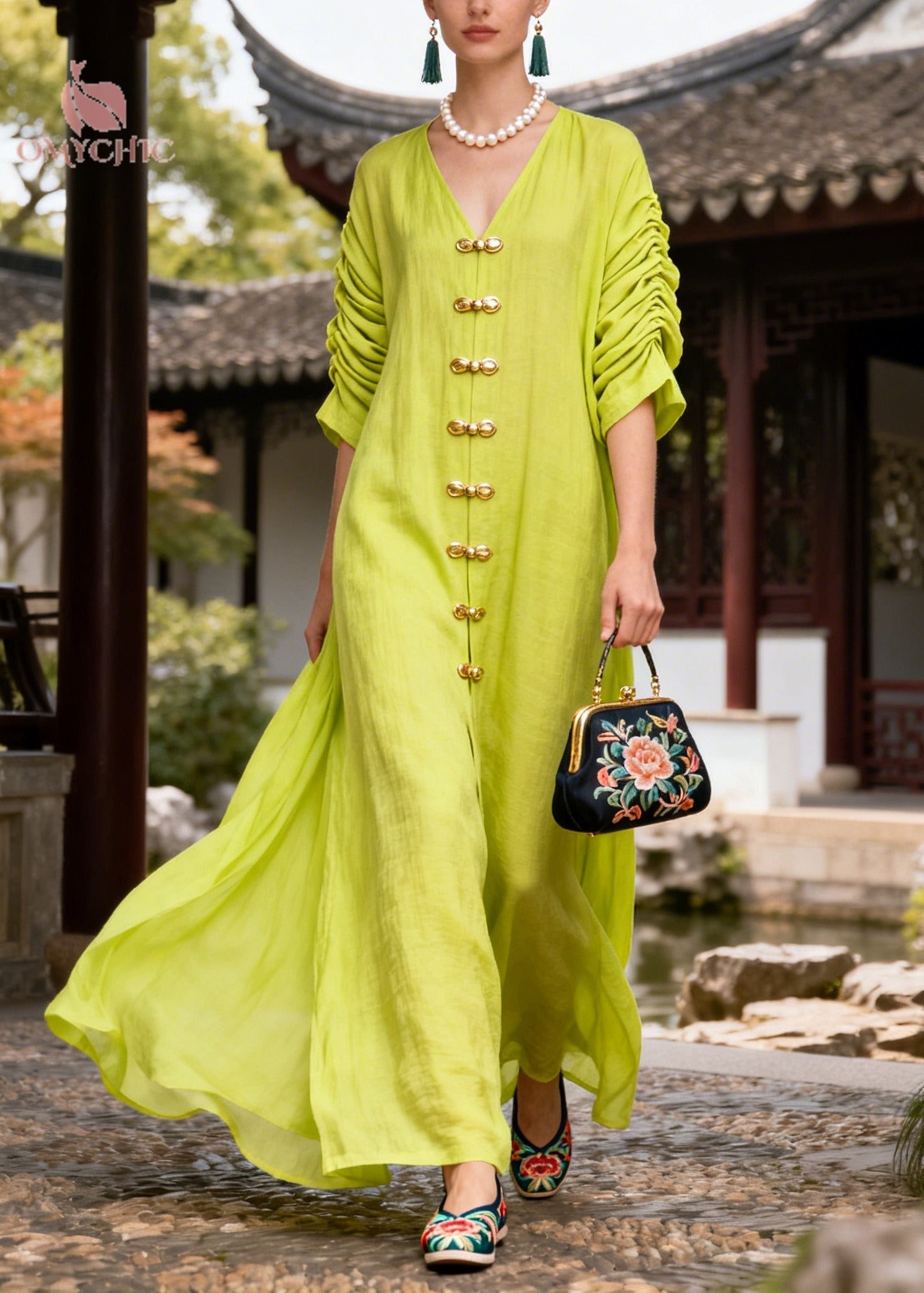 Fashion Green Chinese Button Wrinkled Cotton Vacation Dresses Summer