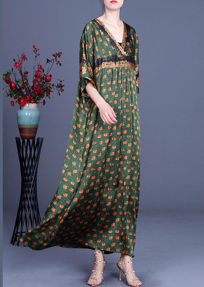 Fashion Green Dot Silk Patchwork V Neck Dress Summer