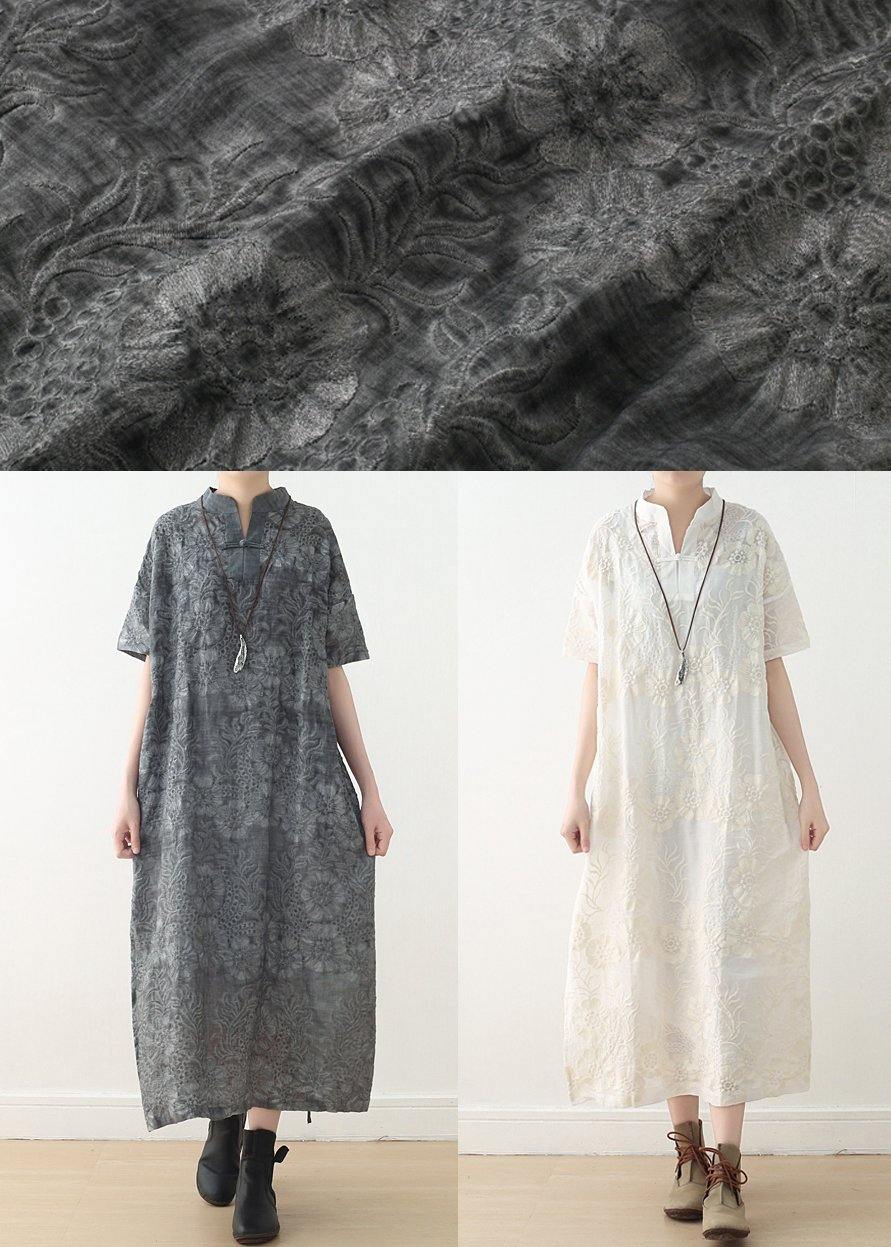 Fashion Grey Print Oriental Summer Linen Dress