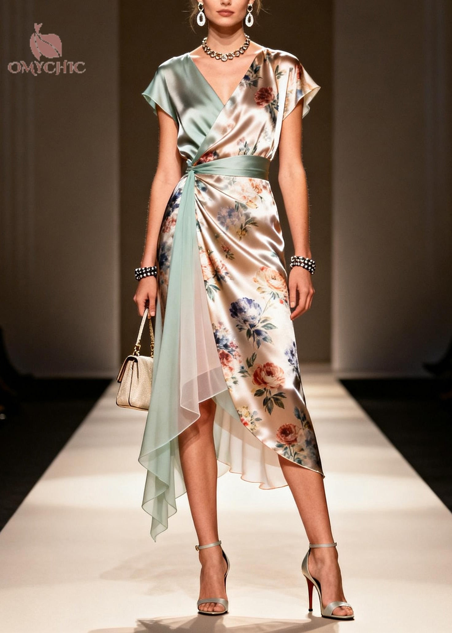 Fashion Khaki Asymmetrical Print Chiffon Maxi Dress Summer