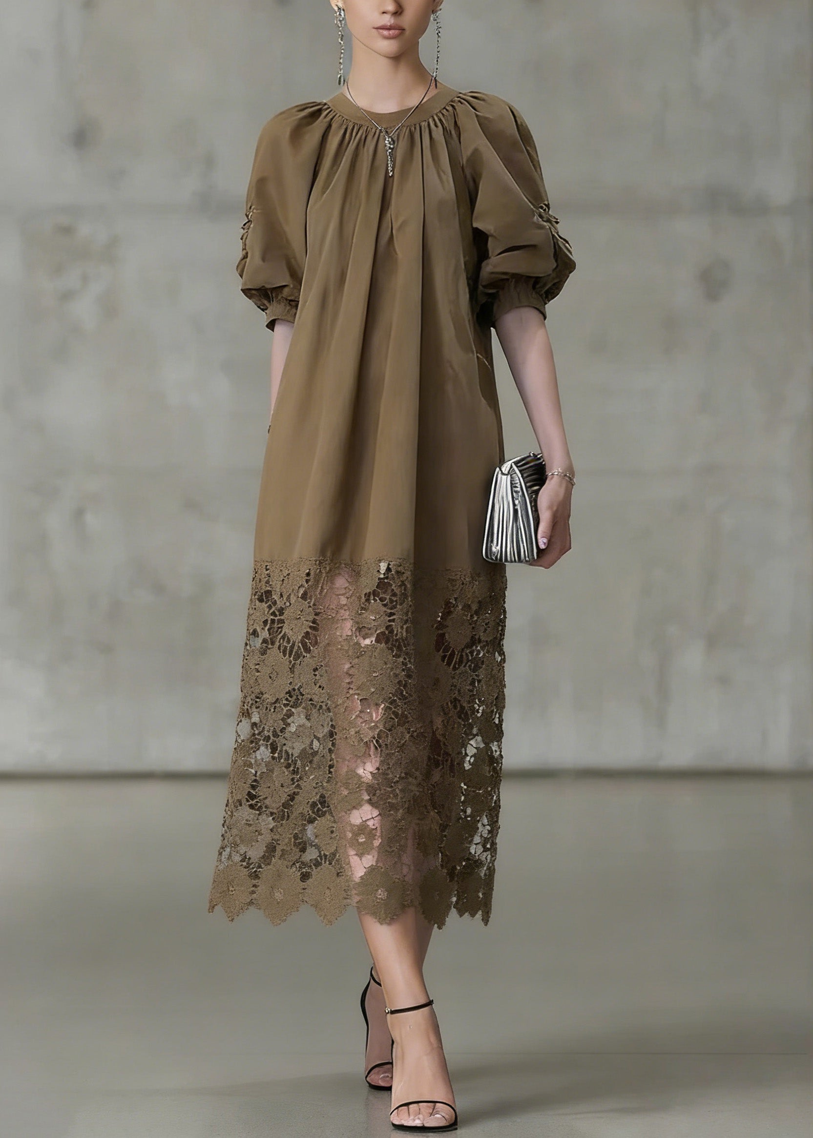 Fashion Light Coffee Puff Sleeve Lace Patchwork Cotton Long Dress
