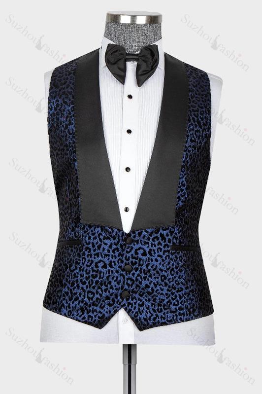 Fashion Navy Blue Jacquard Peaked Lapel 3 Piece Prom Suit