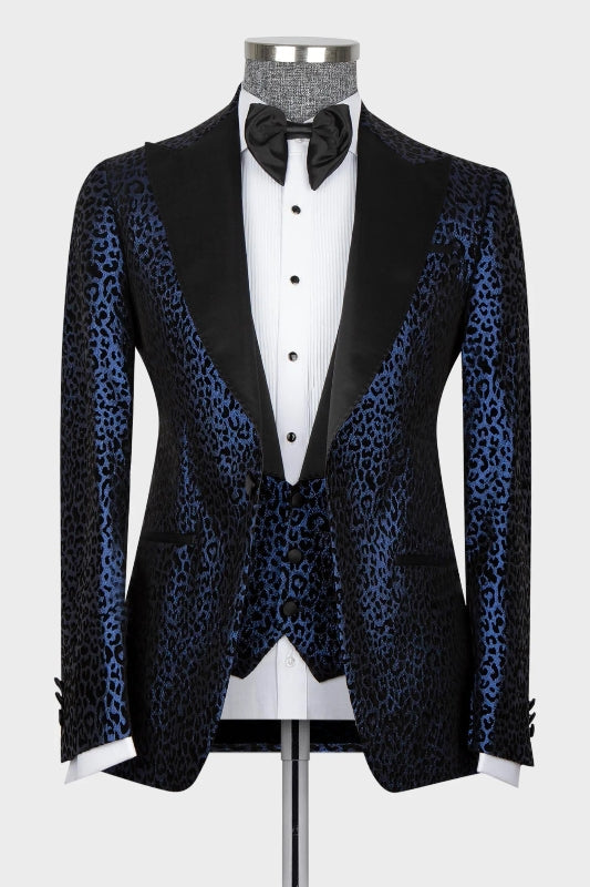 Fashion Navy Blue Jacquard Peaked Lapel 3 Piece Prom Suit