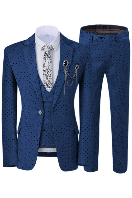 Fashion Navy Blue Notched Lapel 3 Piece Prom Suit with Black Dot