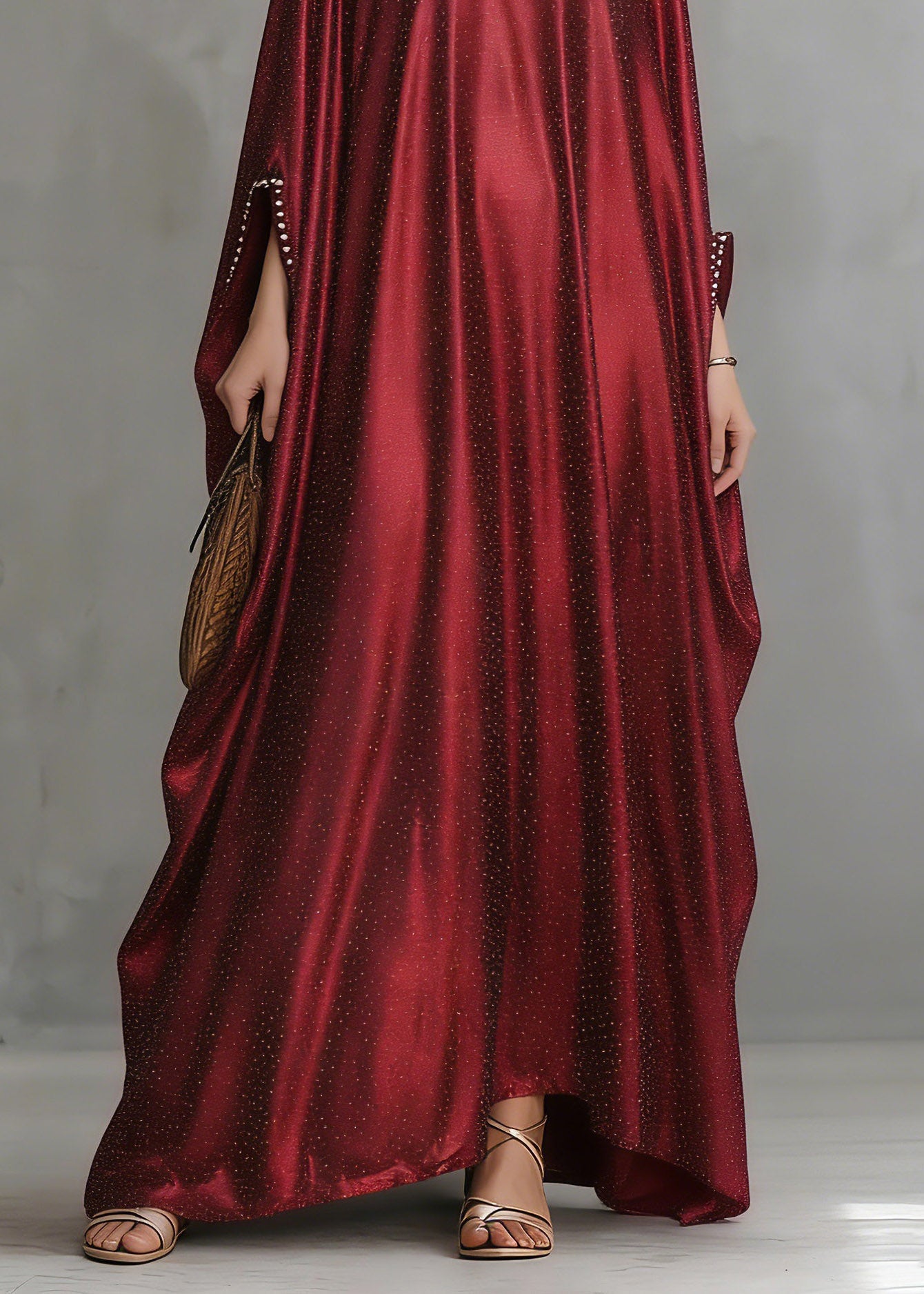 Fashion Red Patchwork Silk Maxi Dress Flare Sleeve