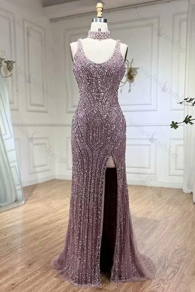Fashion Sheath Bead Embroidery Dusk Square Split Long Evening Formal Dress