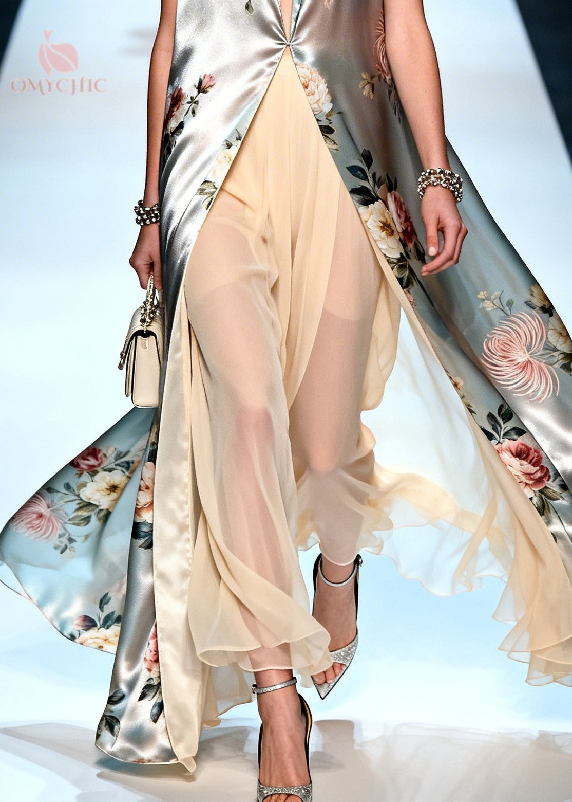 Fashion Silvery Print Chiffon Long Dress Two Pieces Set Summer