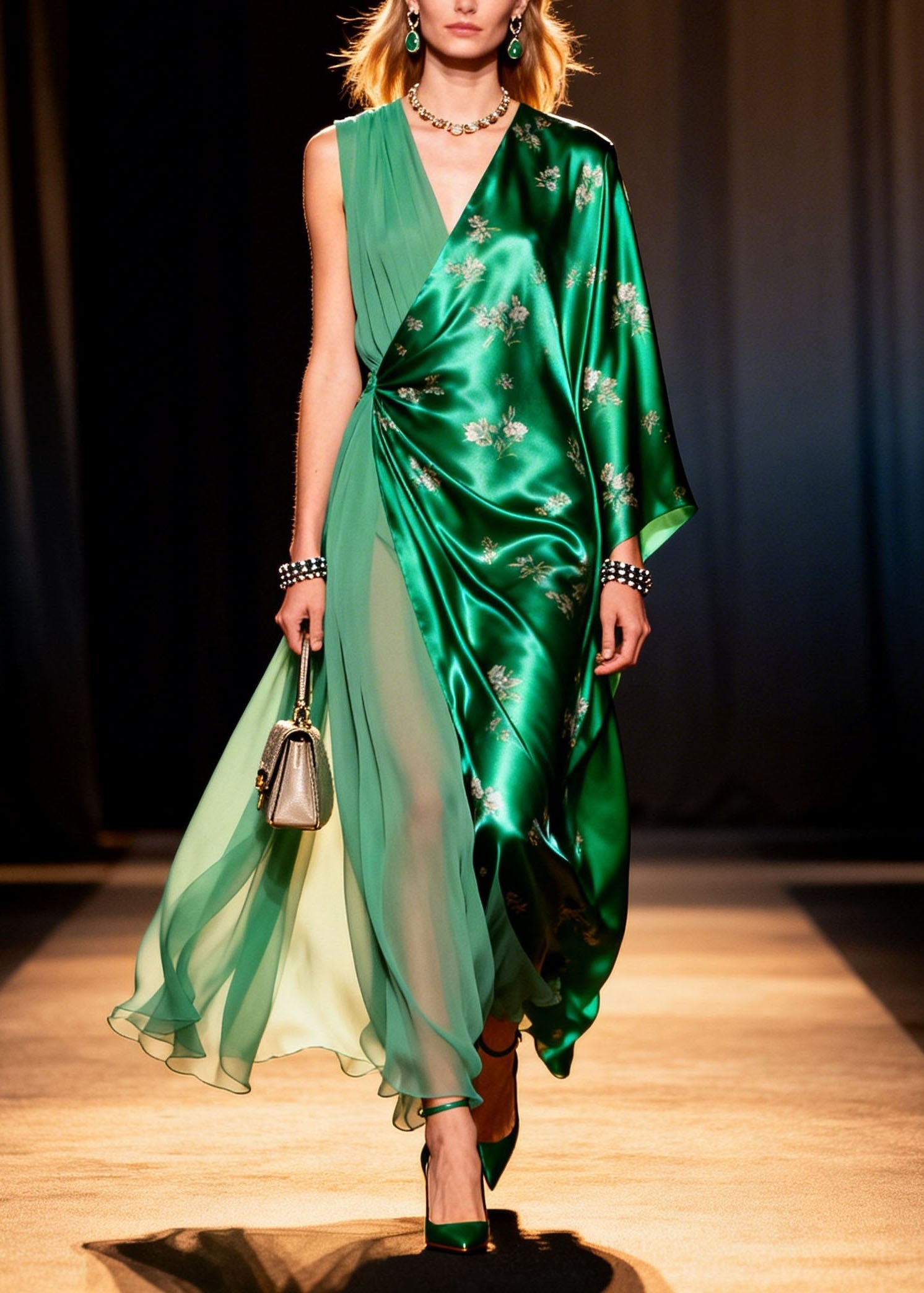 Fashion V Neck Asymmetrical Design Print Silk Long Dresses Summer