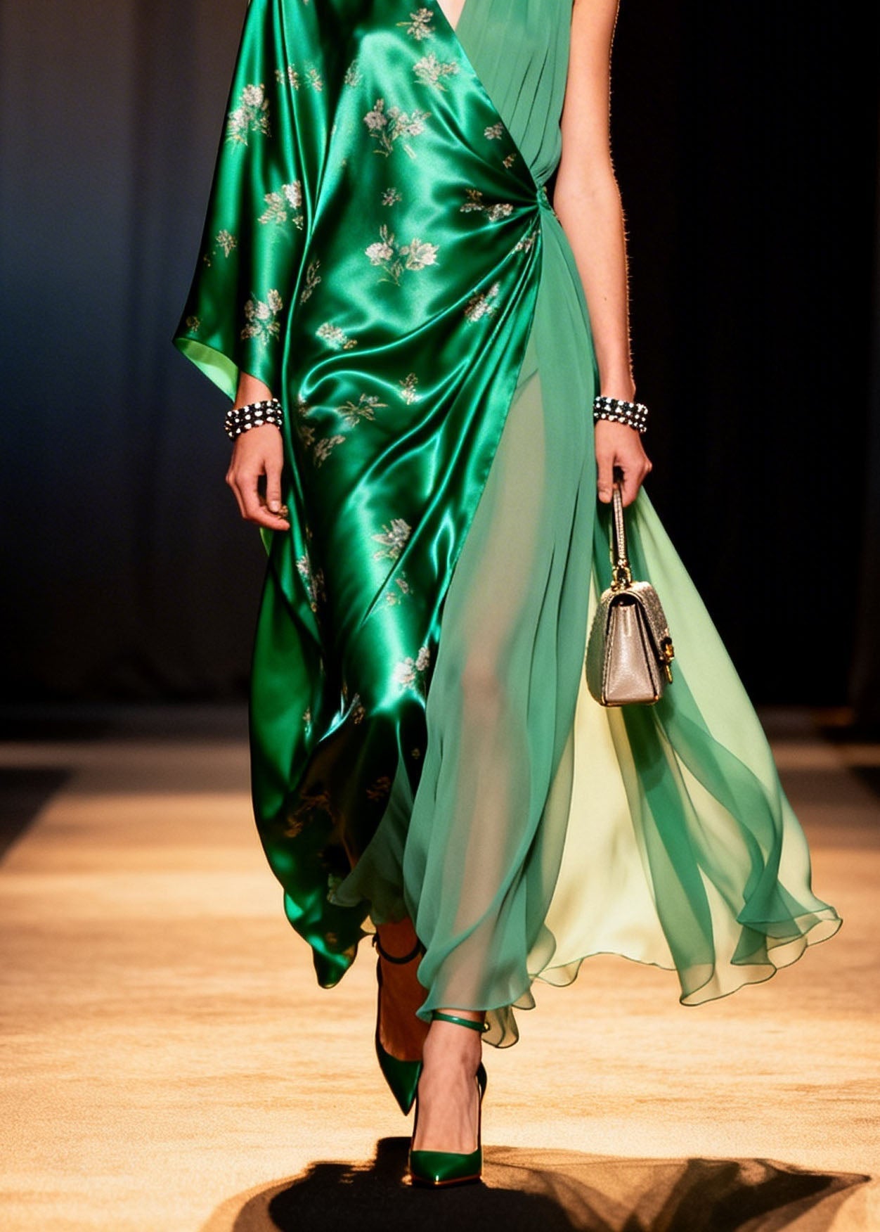 Fashion V Neck Asymmetrical Design Print Silk Long Dresses Summer