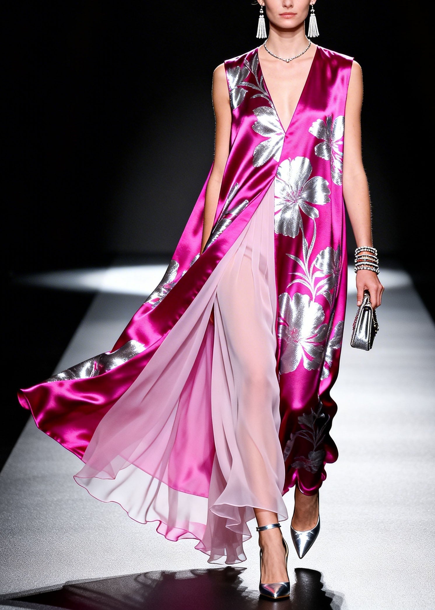 Fashion V Neck Print Patchwork Silk Dresses Sleeveless