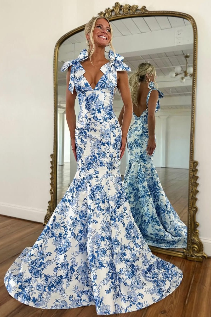 Fashionable Mermaid V Neck Blue Printed Long Prom Dress with Bowknot