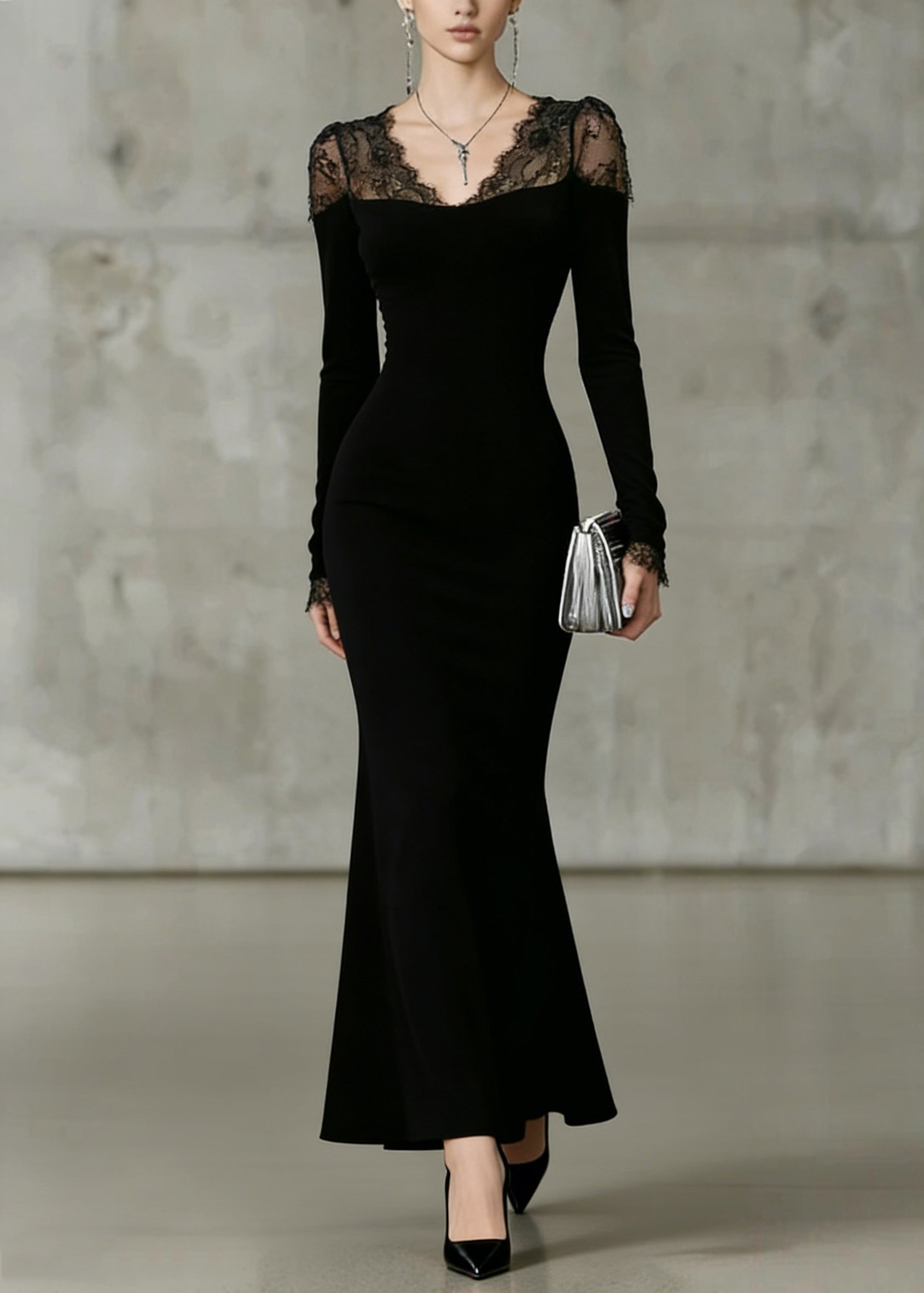 Fine Black V Neck Lace Solid Patchwork Fish Tail Dresses Spring