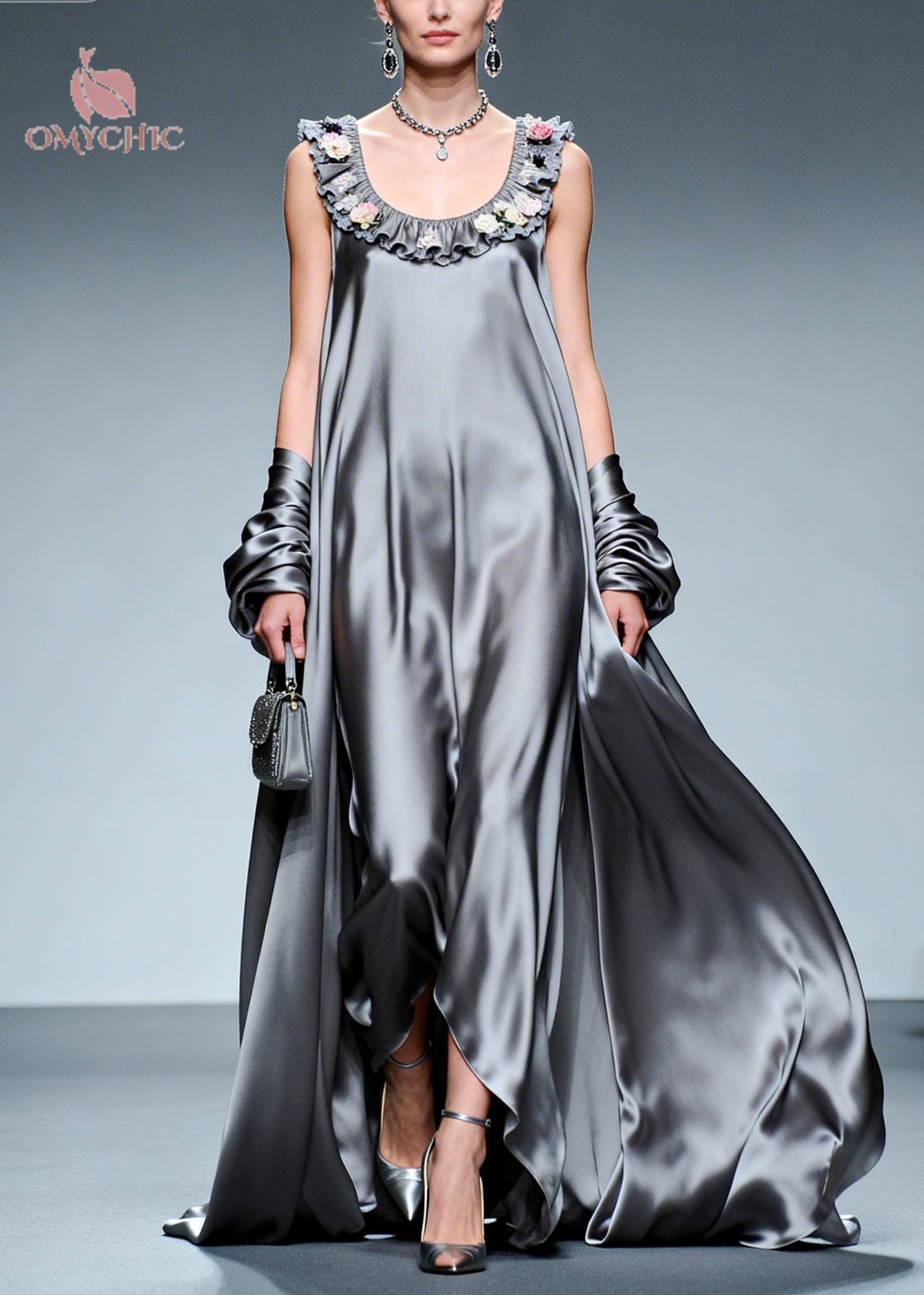 Fine Grey Ruffled Exra Large Hem Silk Party Dress Summer