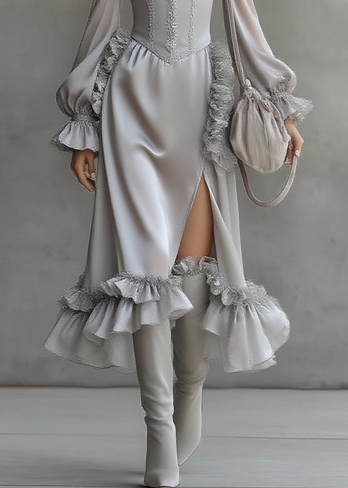Fine Grey Ruffled Patchwork Chiffon Long Dresses Lantern Sleeve