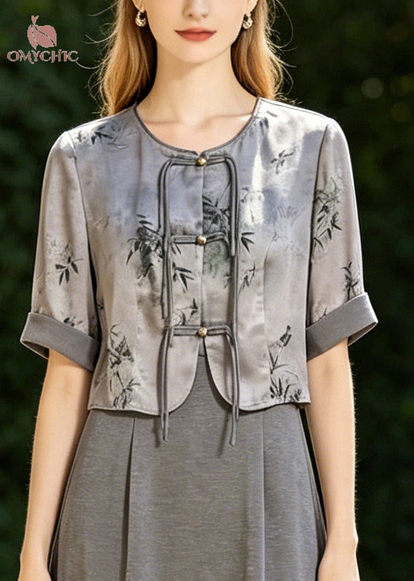 Fine Grey Tasseled Print Silk Oriental Dresses Two Piece Set Summer
