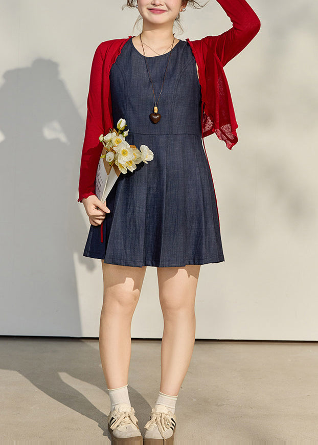 Fine Navy O-Neck Wrinkled Cotton Day Dresses Sleeveless