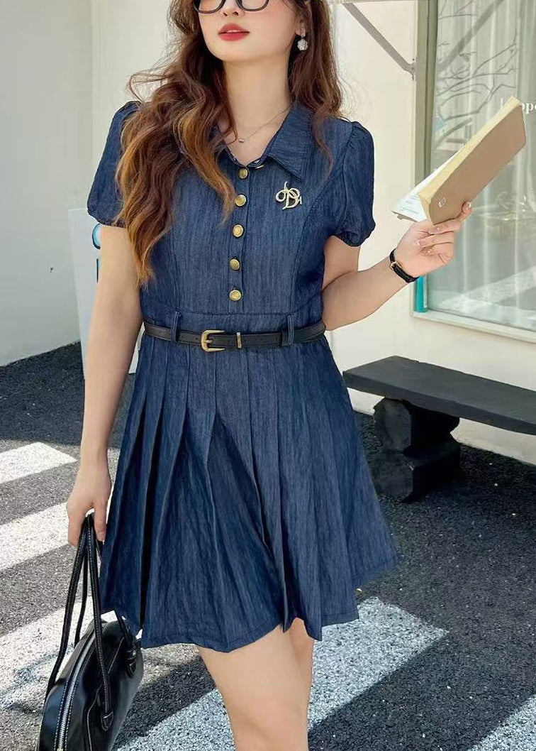 Fine Navy Tunic Denim Pleated Dress Summer