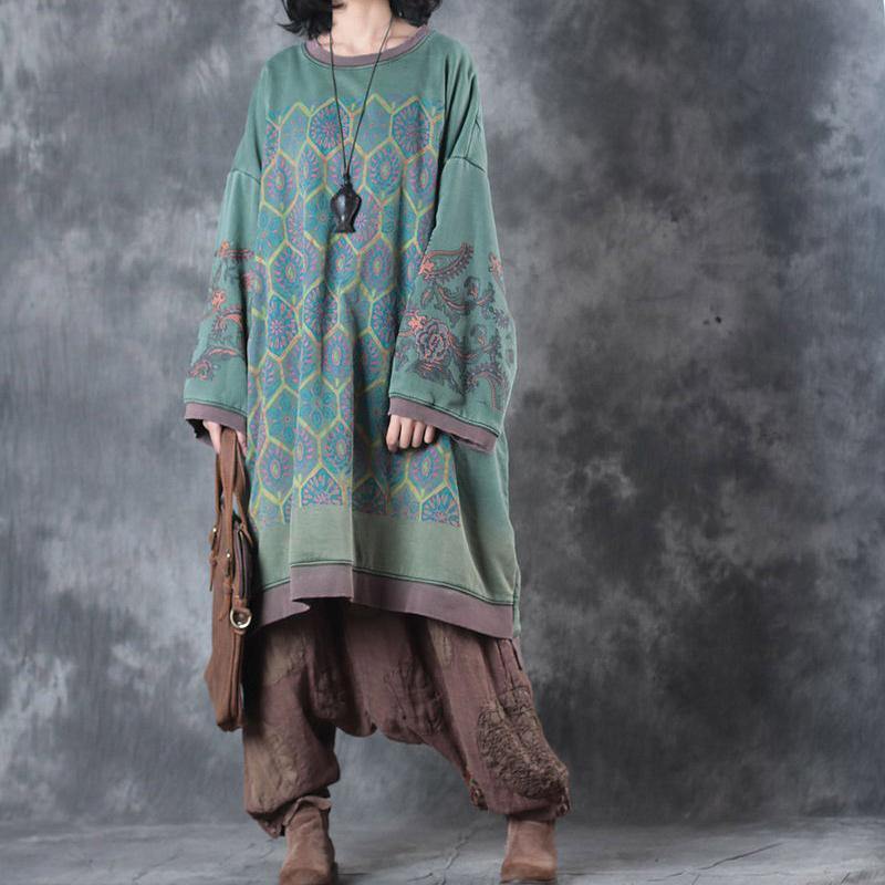 Green Print O Neck Midi-length Cotton Dress