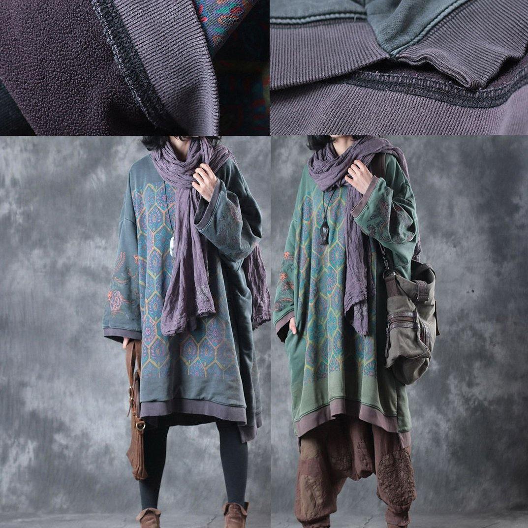 Green Print O Neck Midi-length Cotton Dress