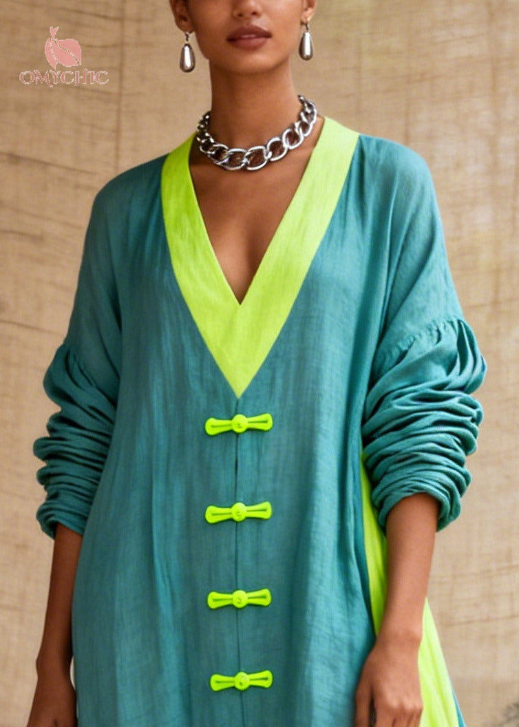 Fitted Blue Oversized Patchwork Chinese Button Cotton Maxi Dresses Fall