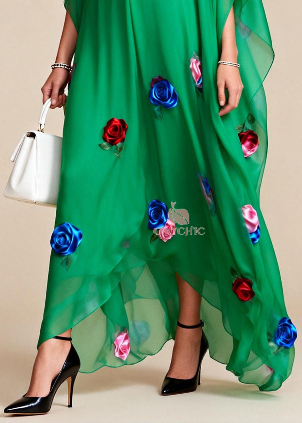 Fitted Tea Green Oversized Floral Chiffon Maxi Dress Summer