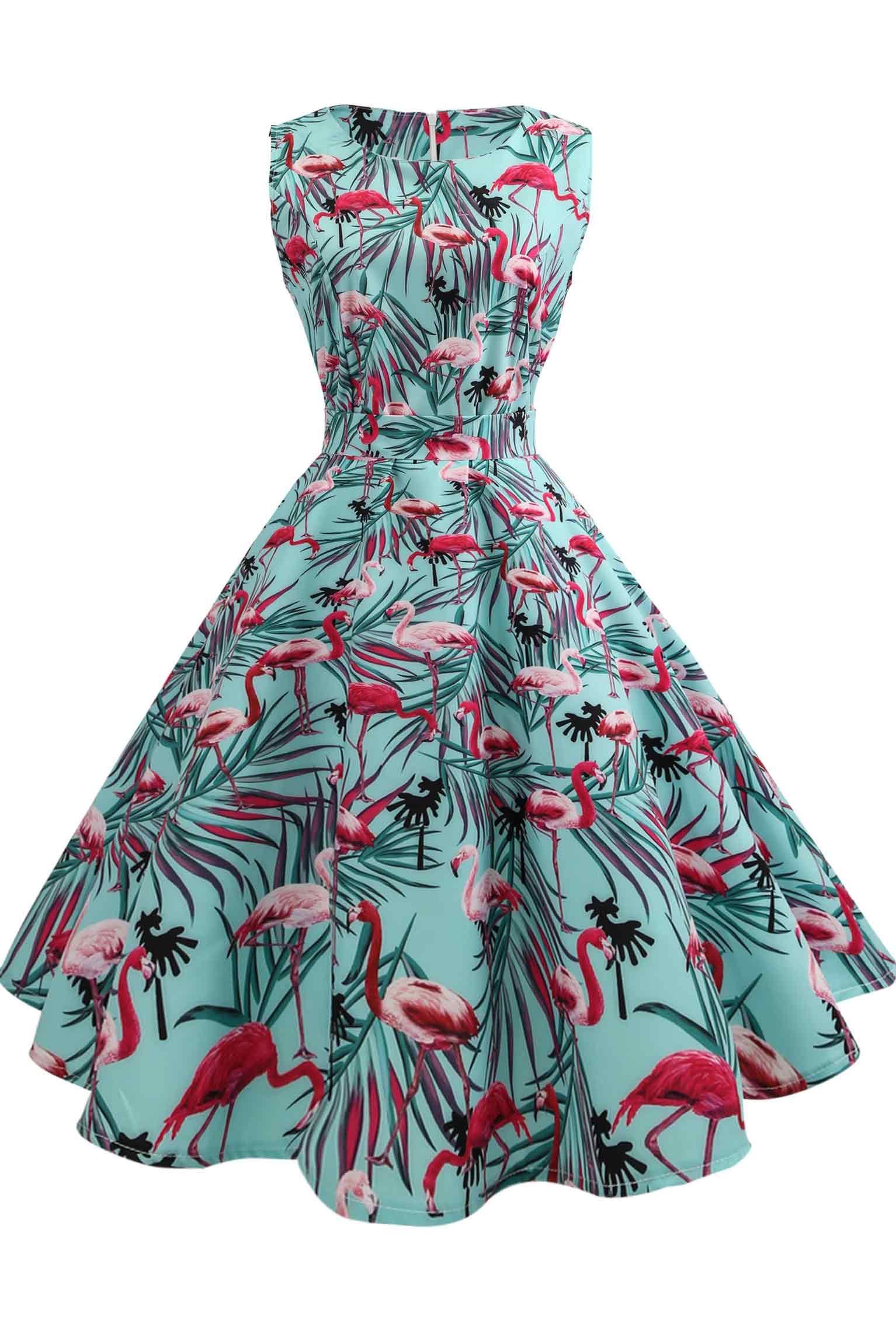 Flamingo Print Vintage Sleeveless A-line Dress - Fashionpara
