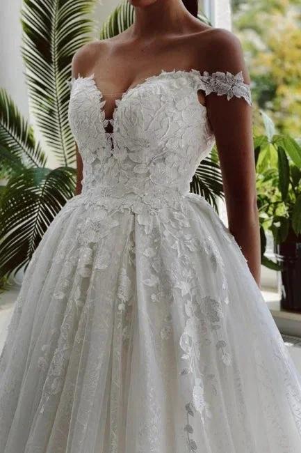 Floor-Length A-Line Sweetheart Off-The-Shoulder Tulle Appliques Wedding Dresses with Lace (ZD15745)