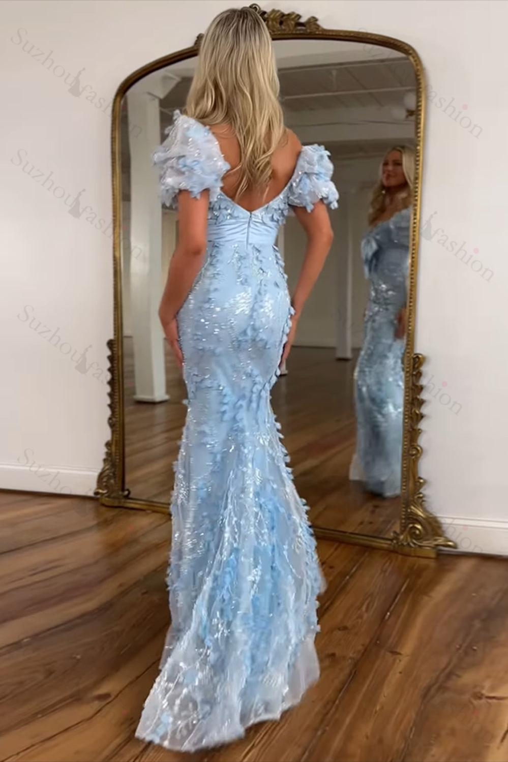 Floral Pink Prom Dress Mermaid Long Formal Dress With Puffsleeves