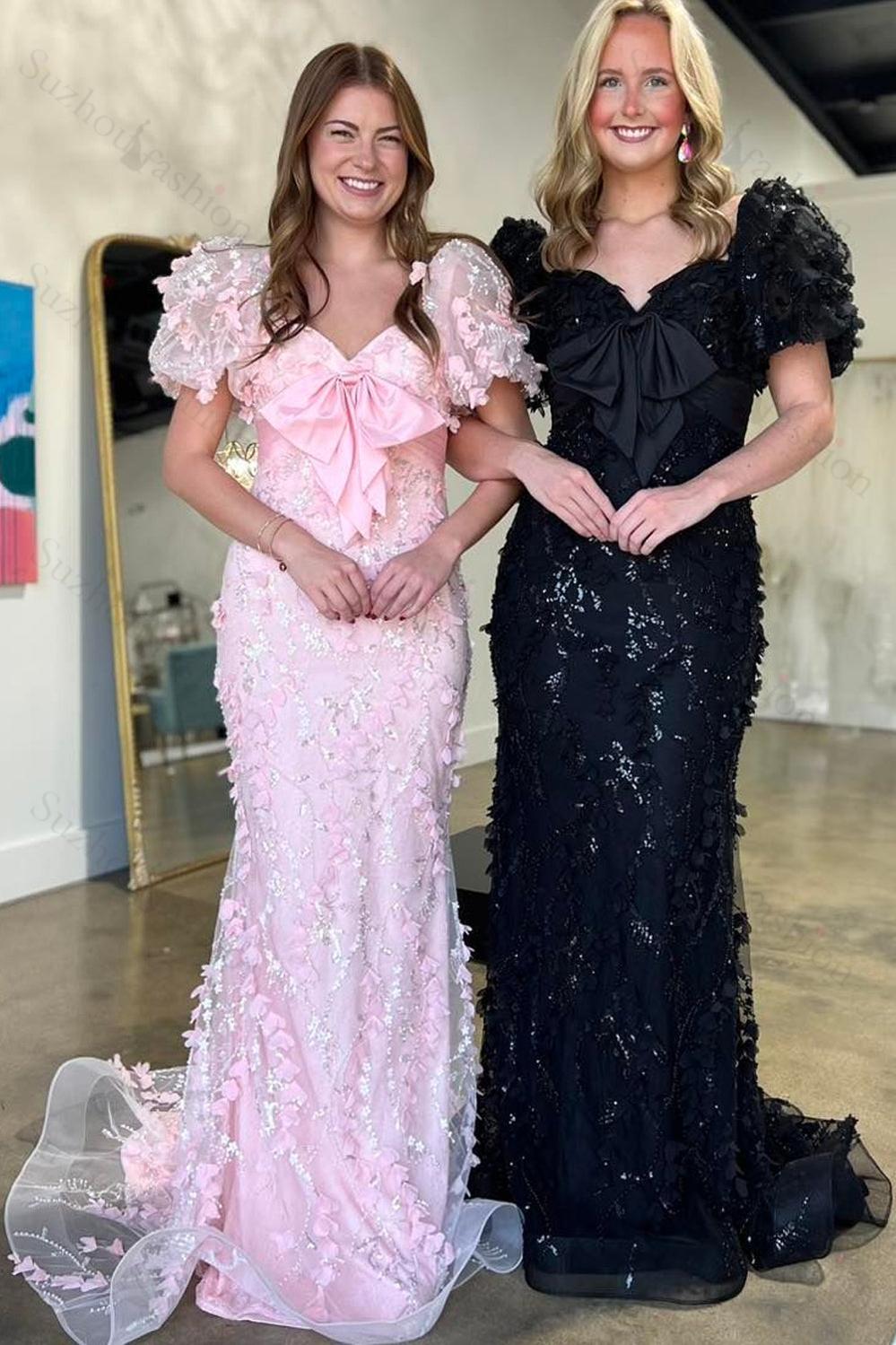 Floral Pink Prom Dress Mermaid Long Formal Dress With Puffsleeves
