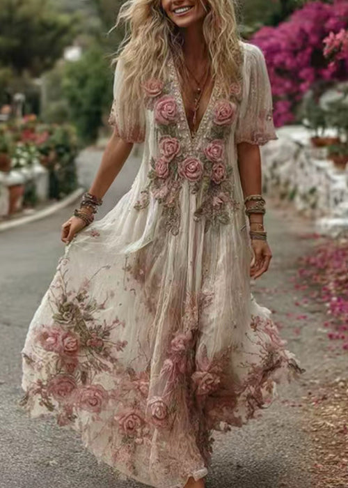 Floral Pink V Neck Print Maxi Dress Summer