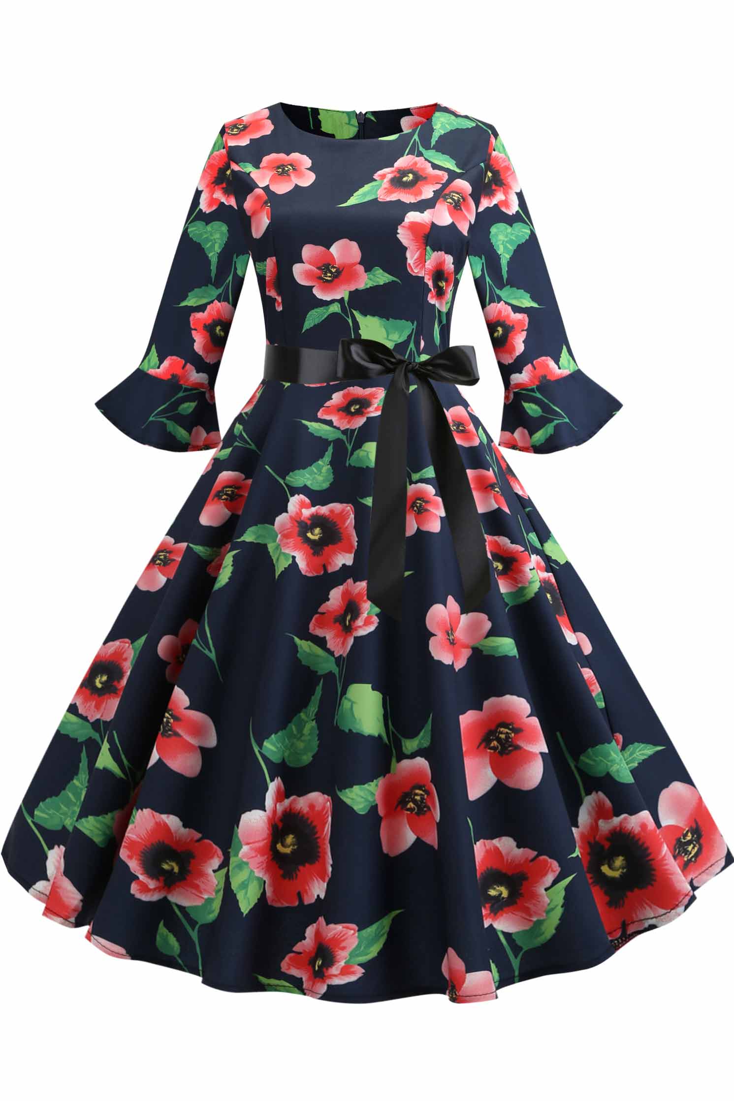 Floral Print Boatneck A-line Dress - Fashionpara