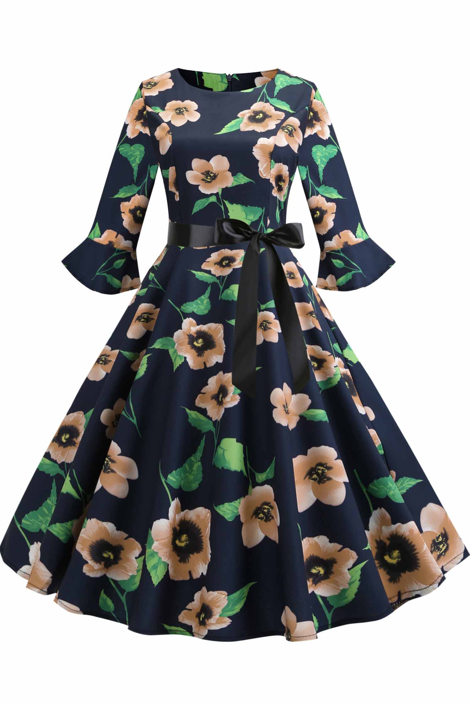 Floral Print Boatneck A-line Dress - Fashionpara