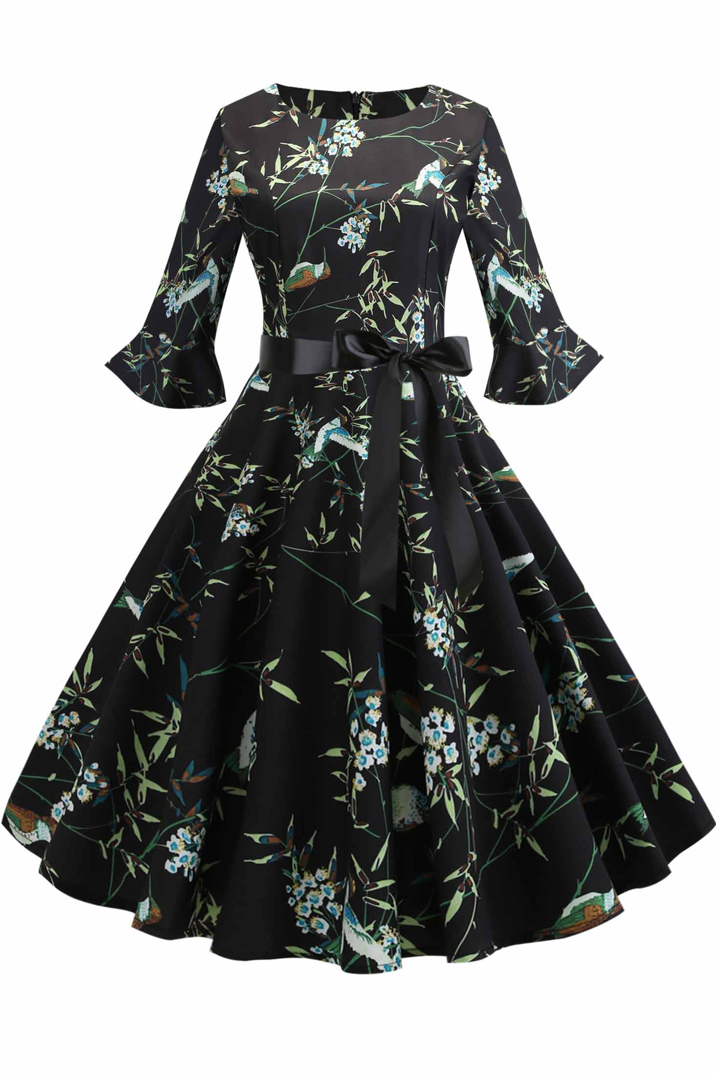 Floral Print Boatneck A-line Dress - Fashionpara