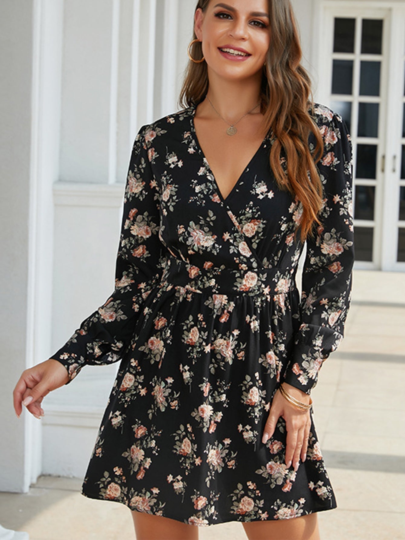 Floral Print Surplice Neck Mini Dress