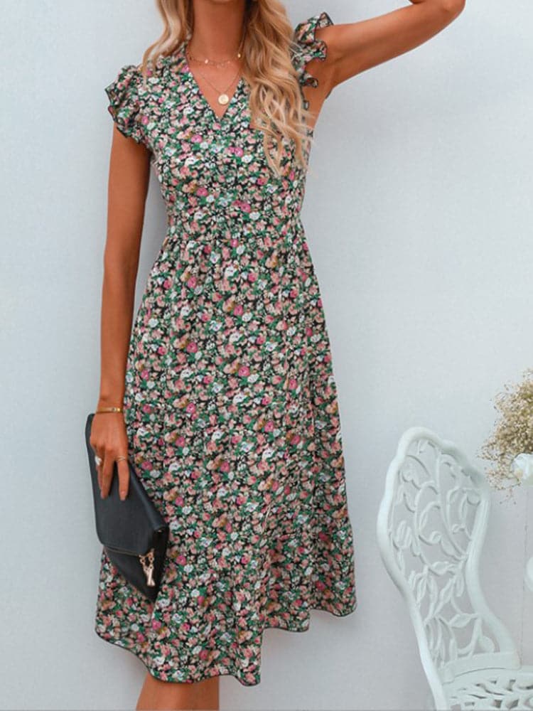 Floral Print Women Summer Sleeveless VNeck Dress