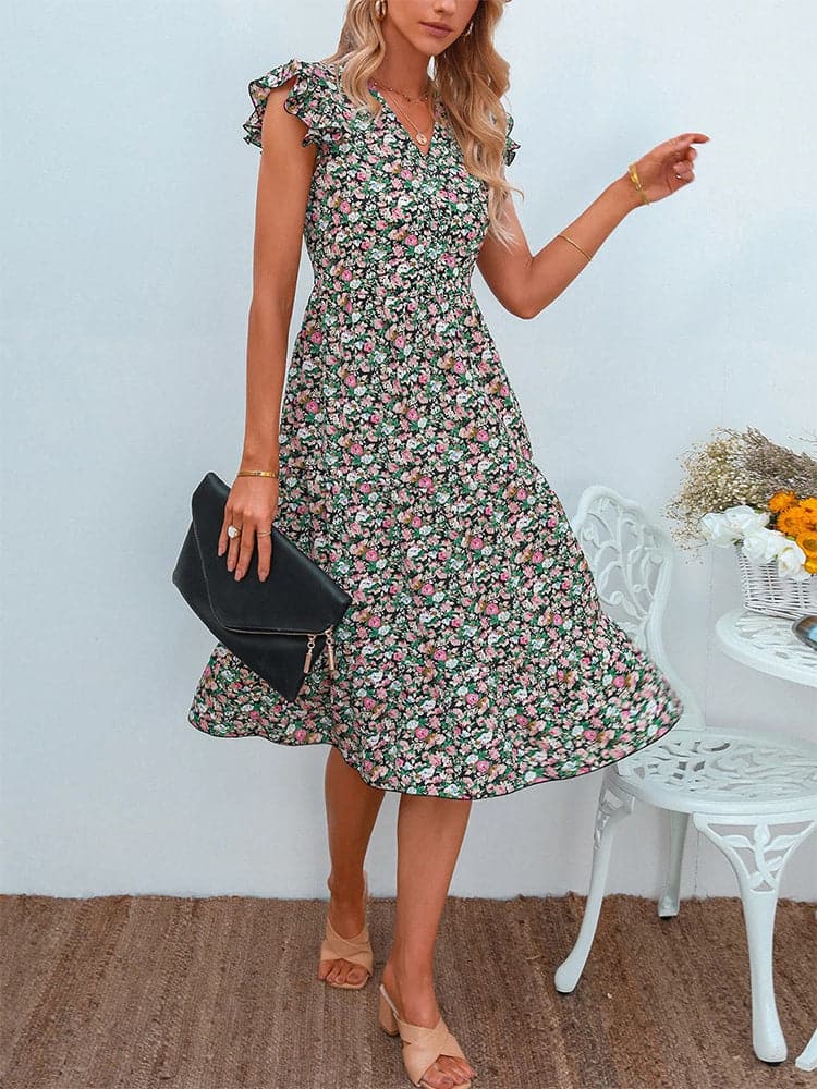 Floral Print Women Summer Sleeveless VNeck Dress
