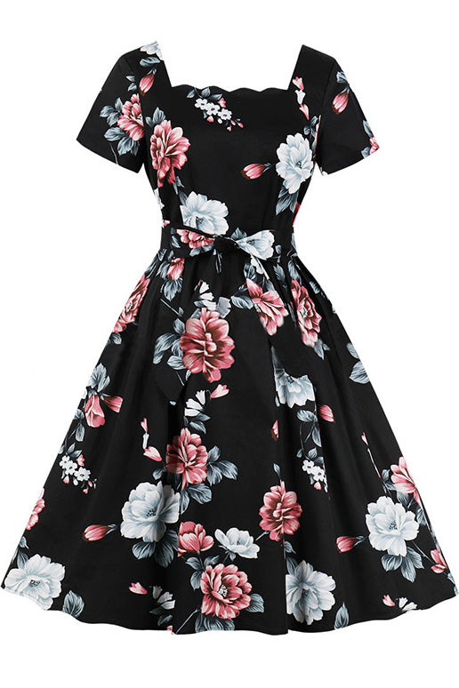 Floral Square Neck Belt Vintage Dress - Fashionpara